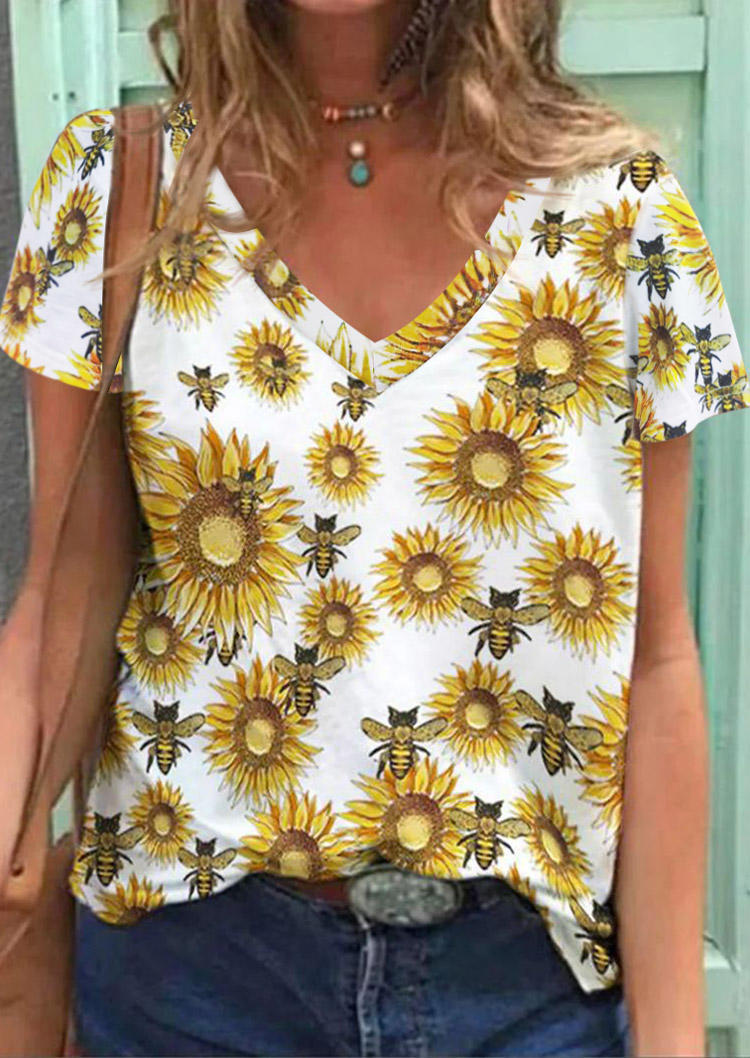 

Blouses Sunflower Bee V-Neck Casual Blouse in White. Size