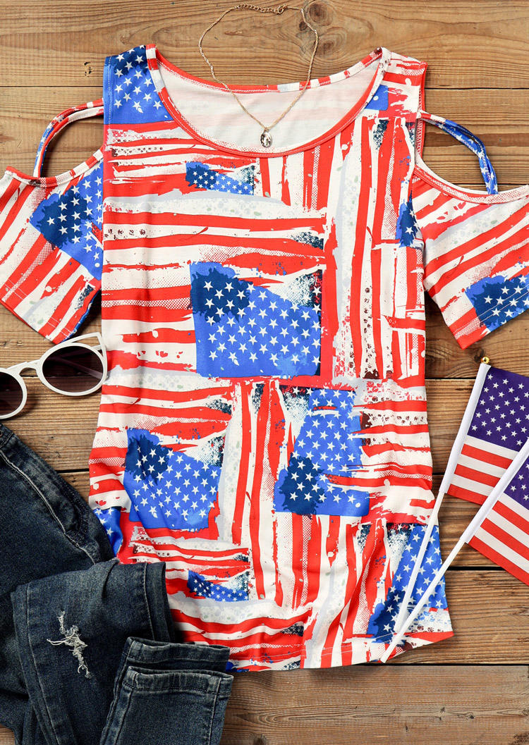 

Blouses American Flag Star Striped Criss-Cross Cold Shoulder Blouse in Multicolor. Size: ,M,L,XL