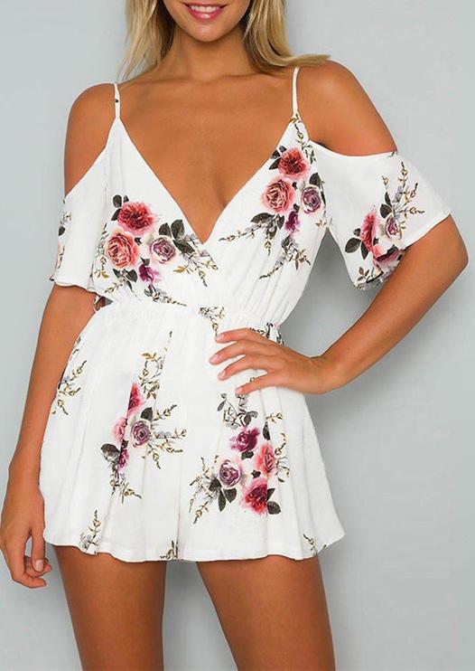 

Jumpsuits & Rompers Floral Elastic Waist Cold Shoulder V-Neck Romper in White. Size: ,M,XL