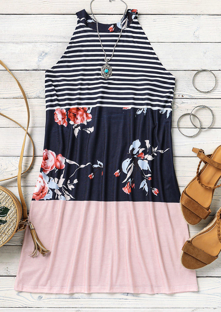 

Mini Dresses Striped Floral Splicing Halter Open Back Mini Dress in Multicolor. Size