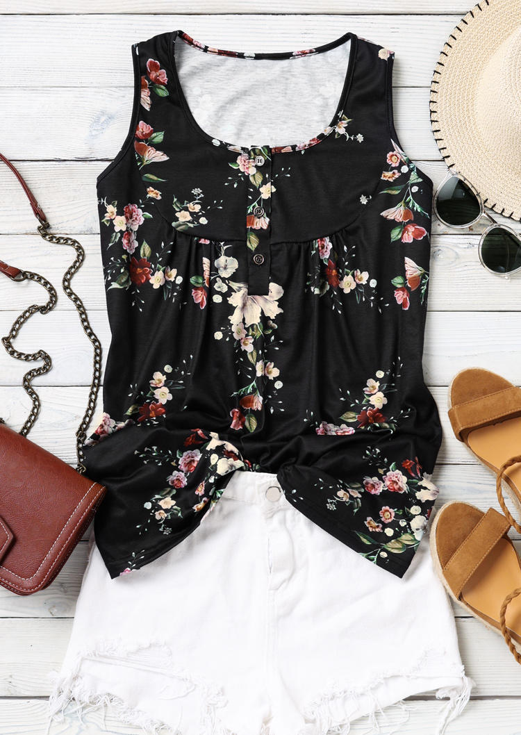 

Tank Tops Floral Ruffled Button Sleeveless Tank Top in Black. Size