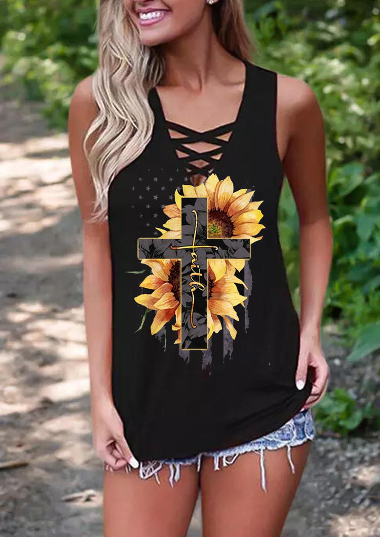 

Tank Tops Sunflower American Flag Faith Cross Tank Top in Black. Size