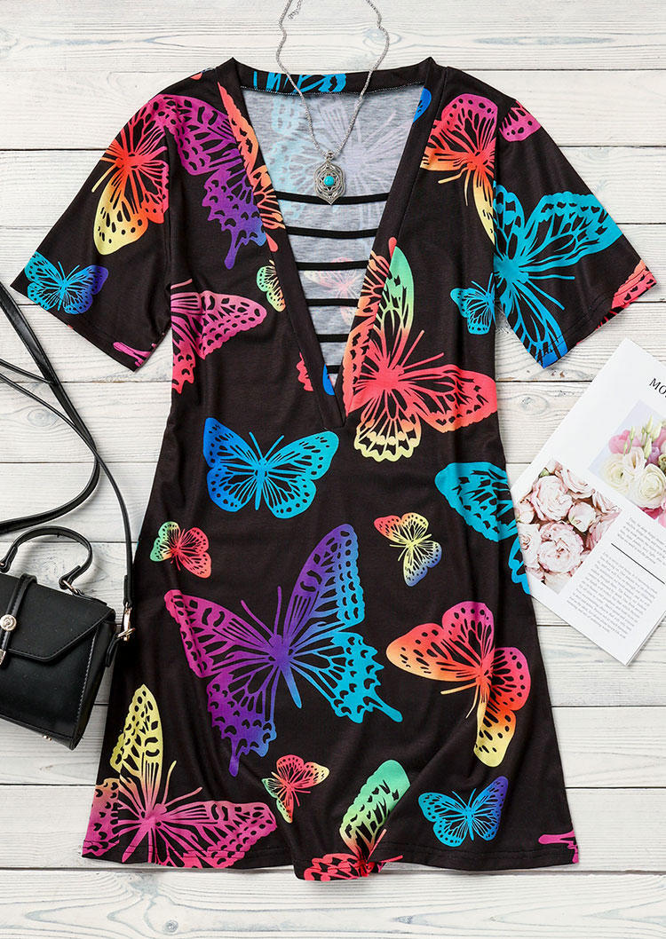 Gradient Colorful Butterfly Keyhole Neck Mini Dress - Black