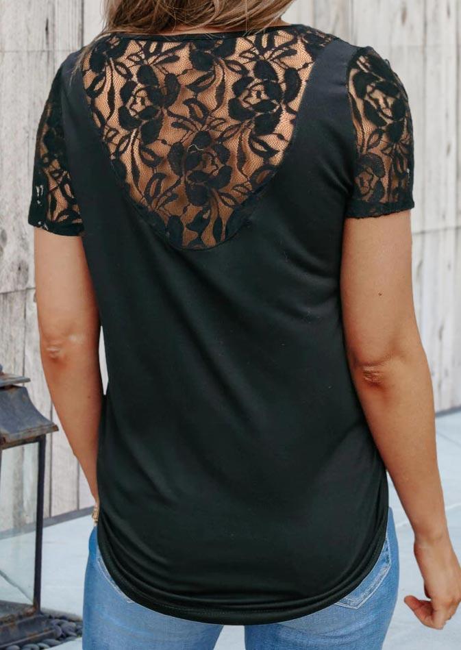 Blouses Floral Lace Splicing Short Sleeve Blouse in Black. Size: S,M