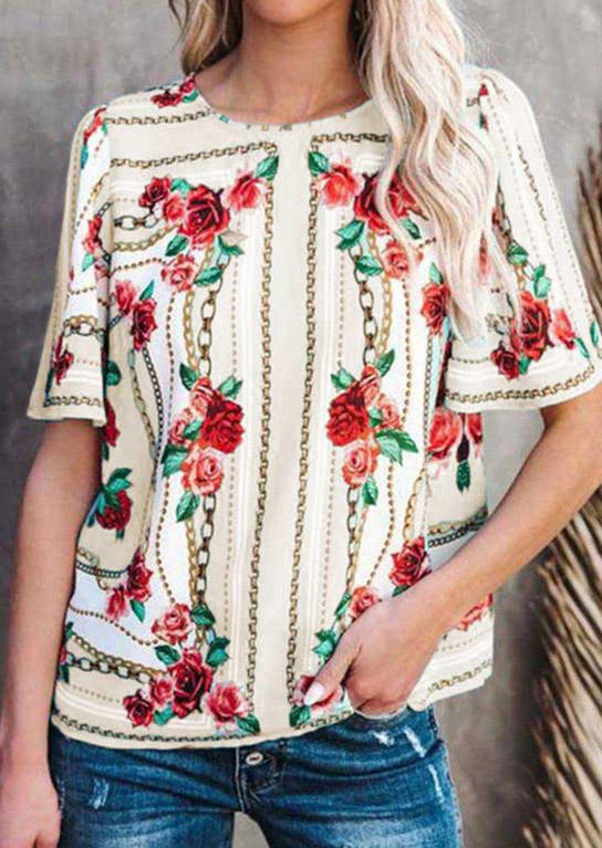 

Blouses Floral O-Neck Casual Blouse in Multicolor. Size: ,M,L
