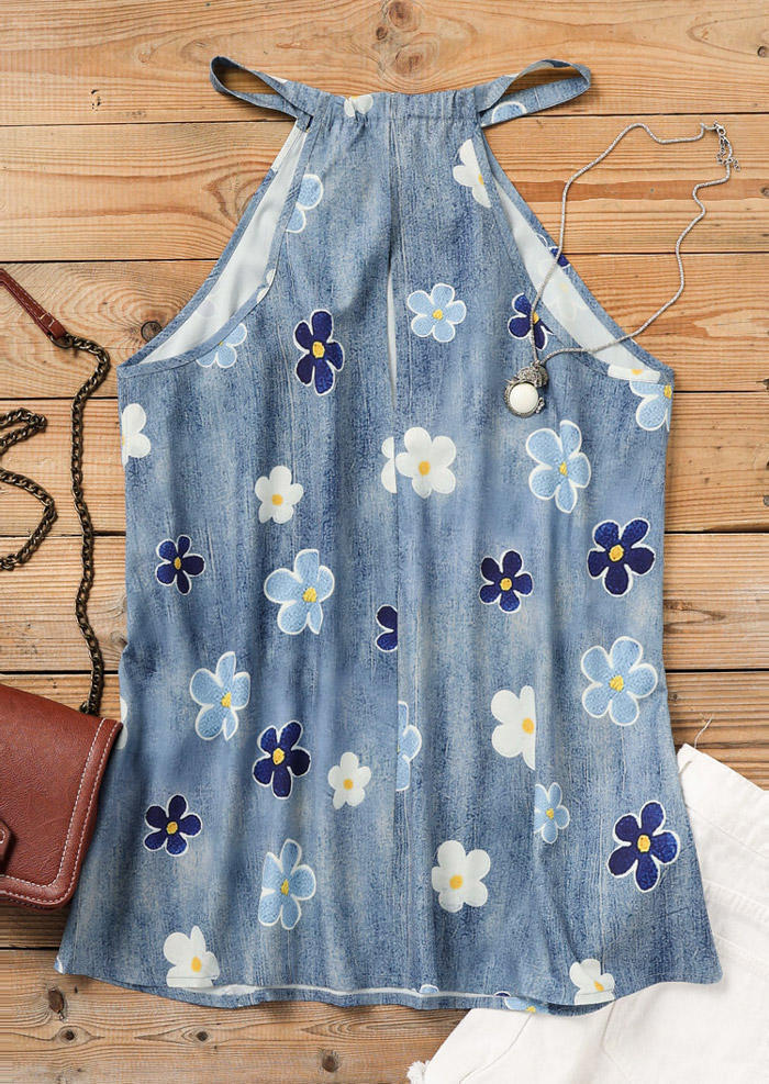 

Tank Tops Floral Halter Casual Camisole in Blue. Size