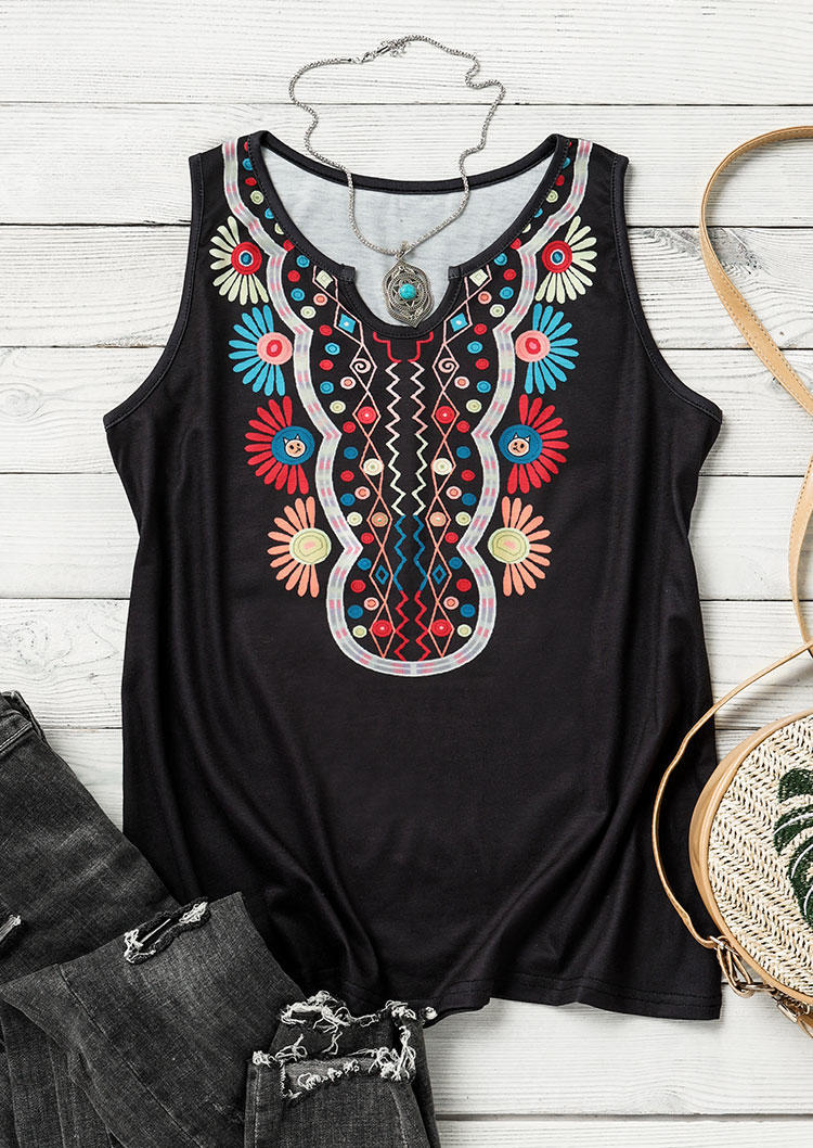 

Tank Tops Vintage Floral Notched Neck Tank Top in Black. Size