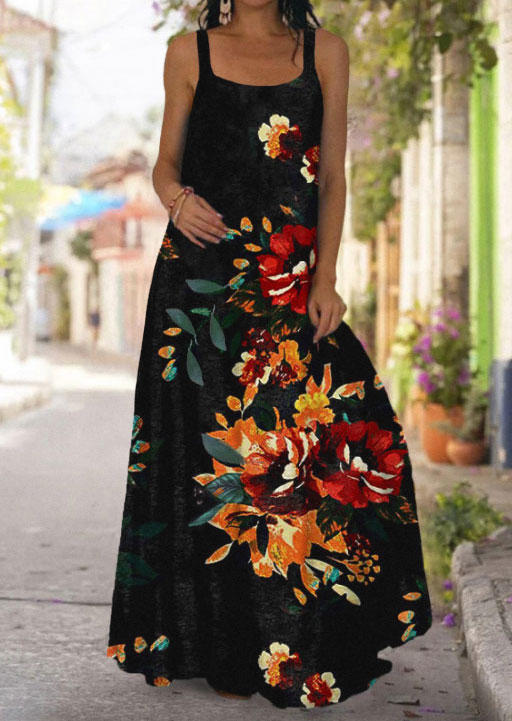 

Maxi Dresses Floral Spaghetti Strap Big Hem Maxi Dress in Black. Size: ,XL