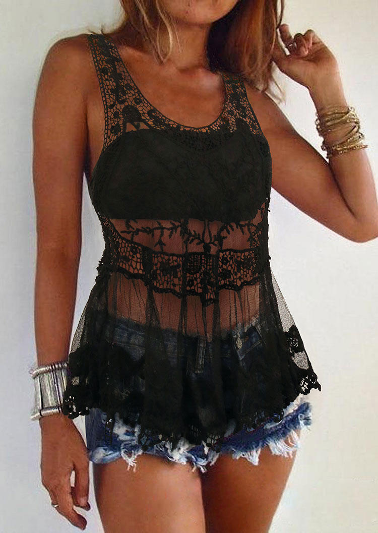 

Tank Tops Floral Lace Sleeveless Racerback Tank Top in Black. Size