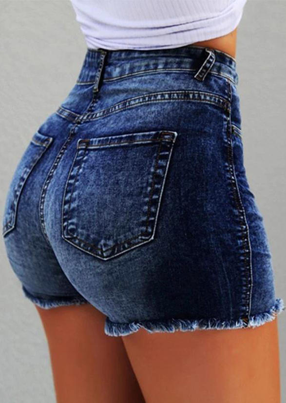 

Shorts High Waist Frayed Hem Denim Shorts in Blue. Size