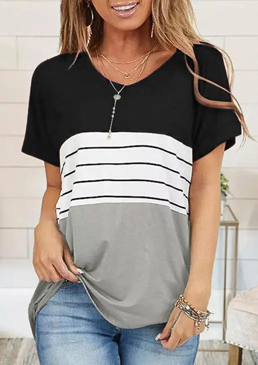 

Blouses Color Block Splicing Striped Blouse in Black. Size