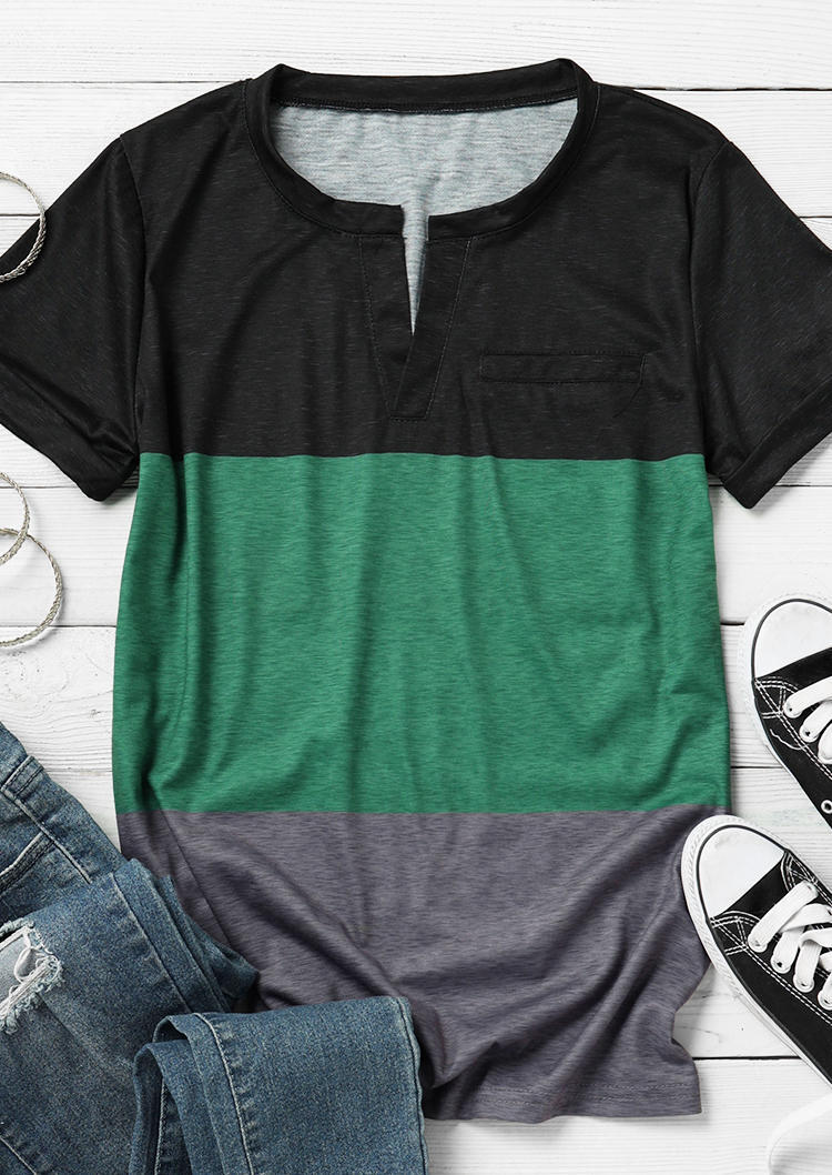 

Blouses Color Block Fake Pocket Notched Neck Blouse in Multicolor. Size: ,M,L