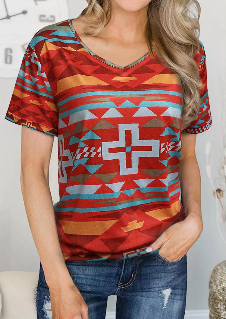 

Blouses Aztec Geometric Cross Short Sleeve Blouse in Multicolor. Size