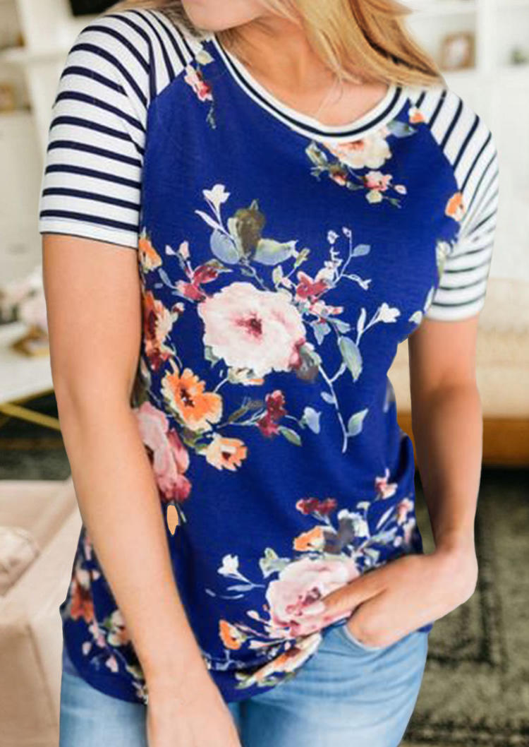 

Blouses Floral Striped Raglan Sleeve Casual Blouse in Blue. Size: ,L