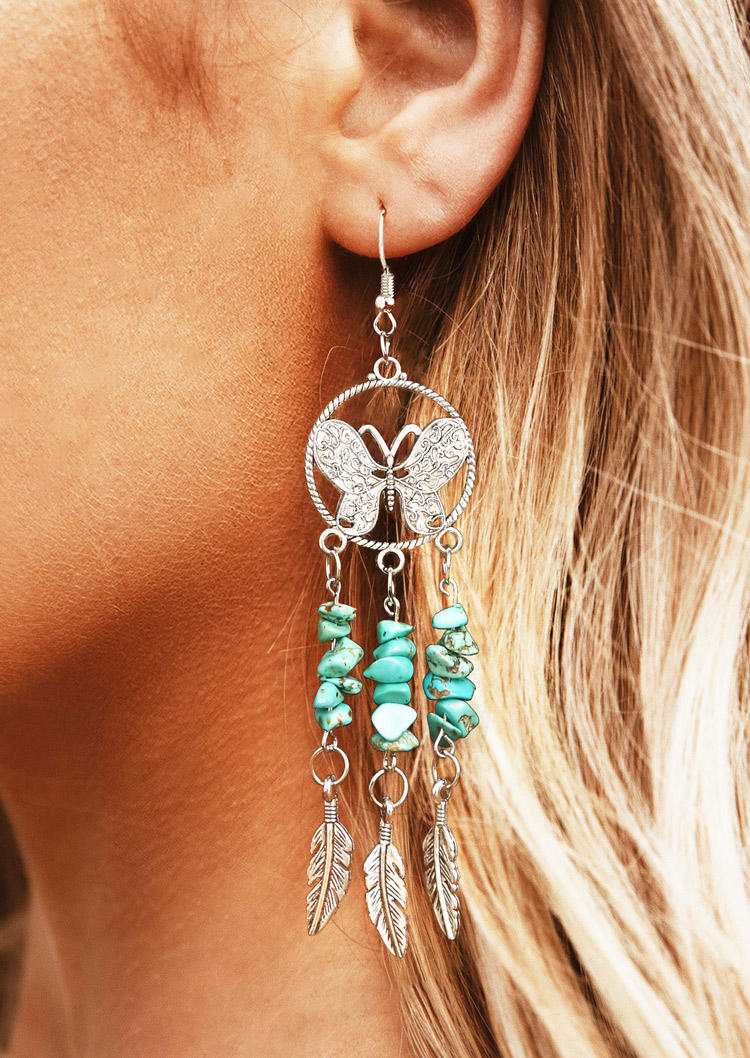 

Earrings Butterfly Turquoise Feather Tassel Drop Earrings in Cyan. Size