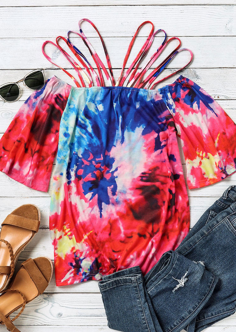 

Blouses Tie Dye Hollow Out Spaghetti Strap Off Shoulder Blouse in Multicolor. Size