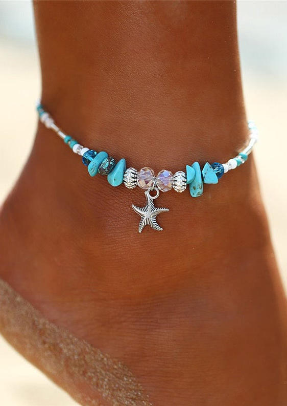 

Body Jewelry Turquoise Starfish Crystal Beading Anklet in Silver. Size