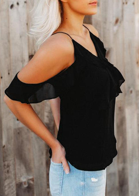 Blouses Ruffled Cold Shoulder Spaghetti Strap Blouse in Black. Size: S,M,L