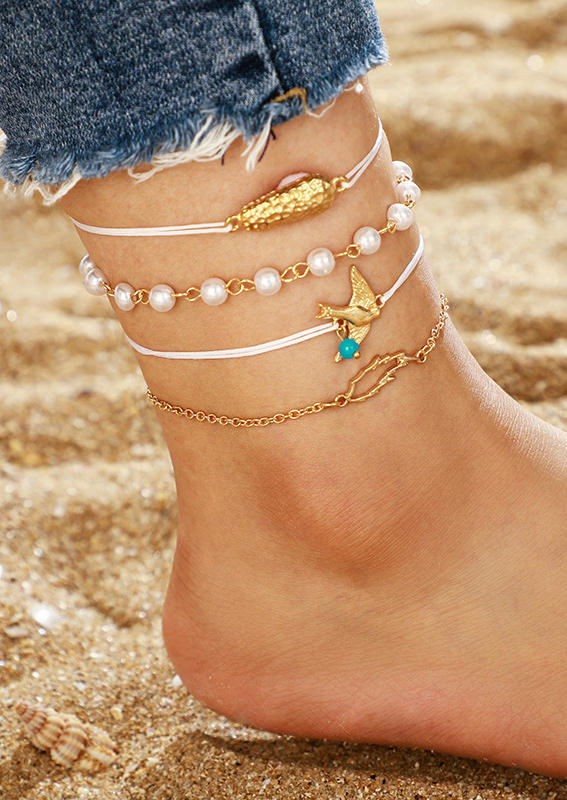 

Body Jewelry 4Pcs Hollow Out Leaf Peanut Beading Anklet Set in Gold. Size