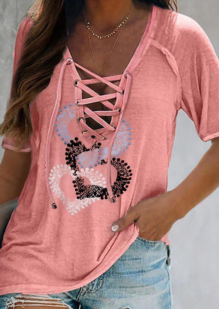 

Blouses Heart Lace Up V-Neck Blouse in Pink. Size