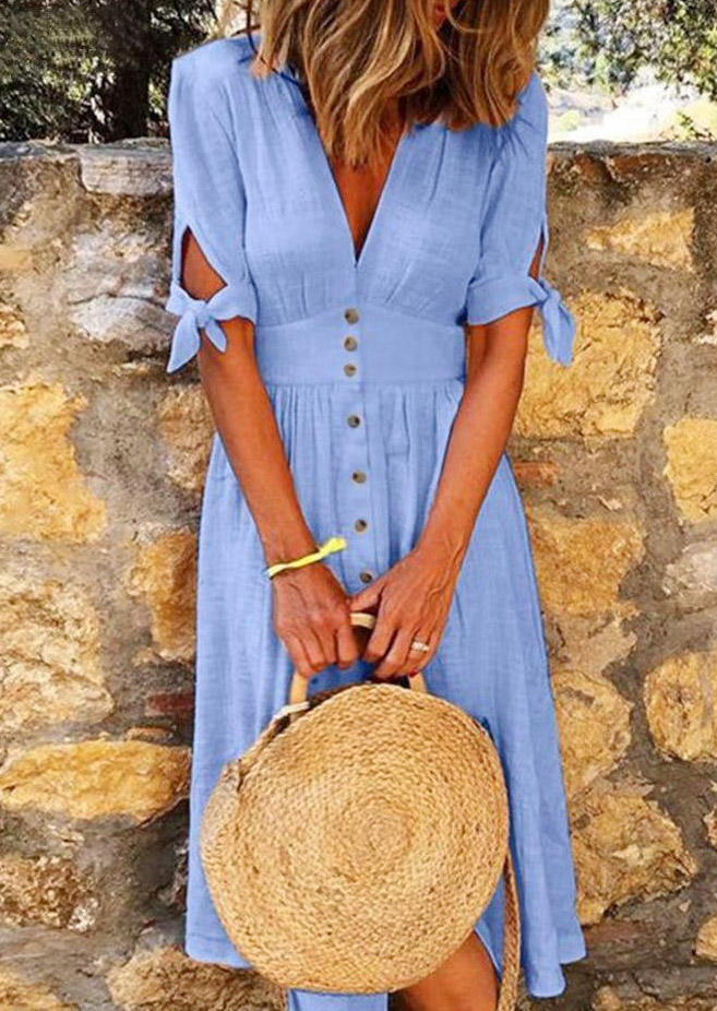 

Midi Dresses Hollow Out Tie Single Button V-Neck Midi Dress in Blue. Size