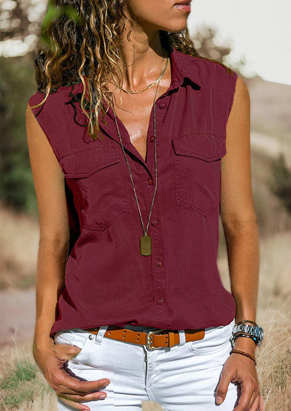 

Shirts Button Pocket Turn-Down Collar Sleeveless Shirt in Burgundy. Size: ,XL