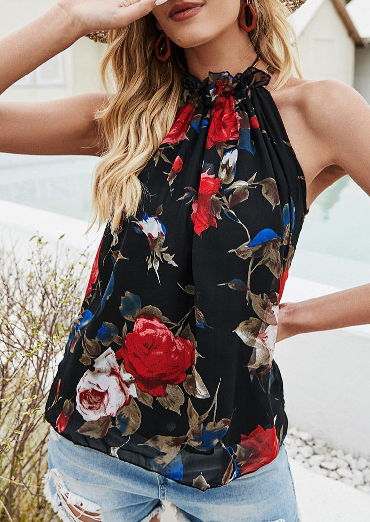 

Tank Tops Floral Ruffled Sleeveless Halter Tank Top in Multicolor. Size
