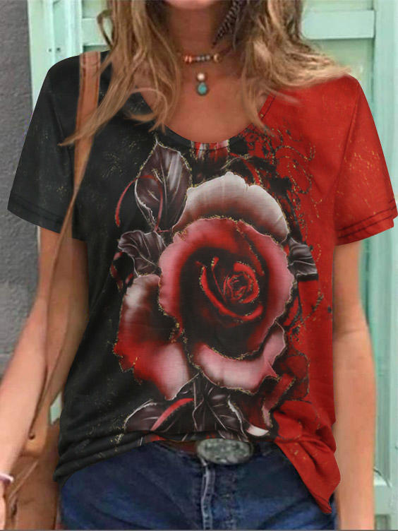 

Blouses Rose Short Sleeve V-Neck Blouse in Multicolor. Size: ,XL