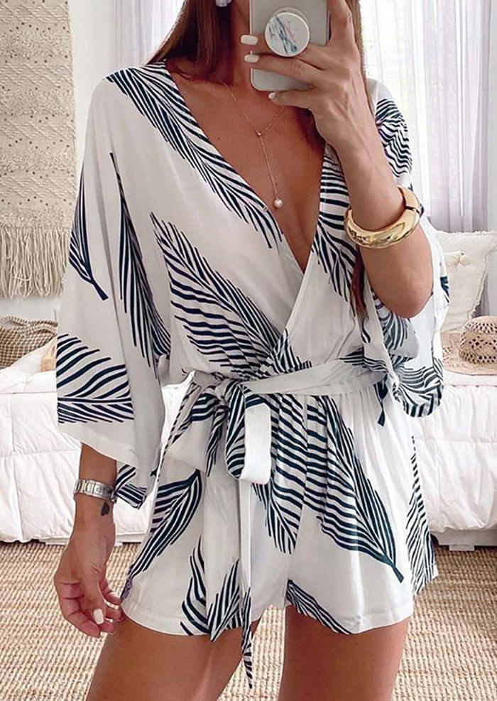 

Jumpsuits & Rompers Palm Leaf V-Neck Three Quarter Sleeve Romper in White. Size