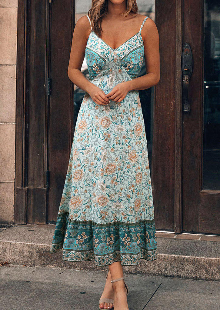 

Maxi Dresses Floral Ruffled Open Back Spaghetti Strap Maxi Dress in Light Green. Size