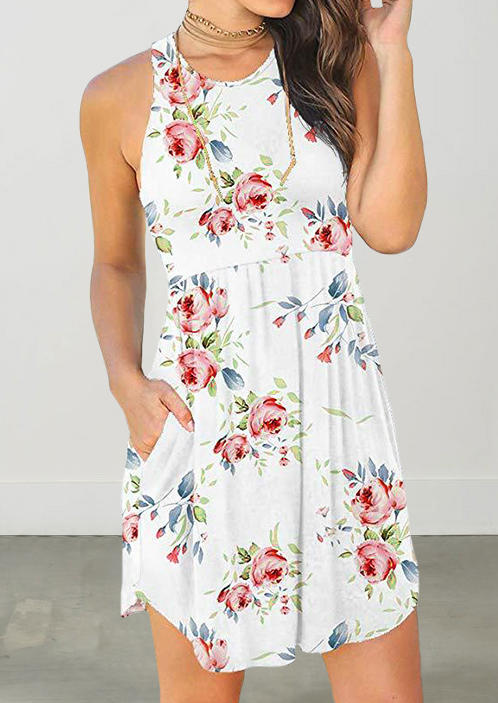 

Mini Dresses Floral Pocket Elastic Waist Mini Dress in White. Size