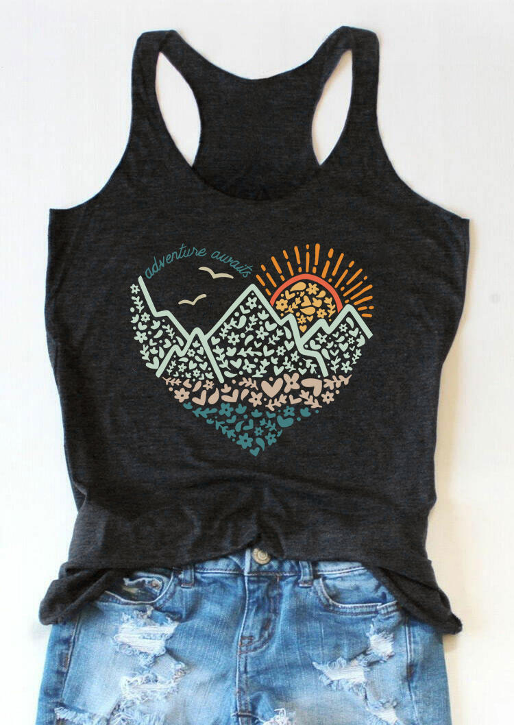 

Tank Tops Adventure Awaits Sun Heart Racerback Tank Top in Dark Grey. Size