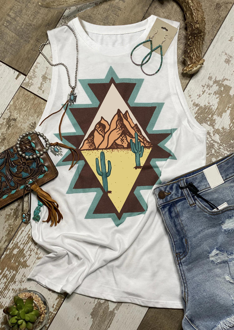 

Tank Tops Western Cactus Aztec Geometric Casual Tank Top in White. Size