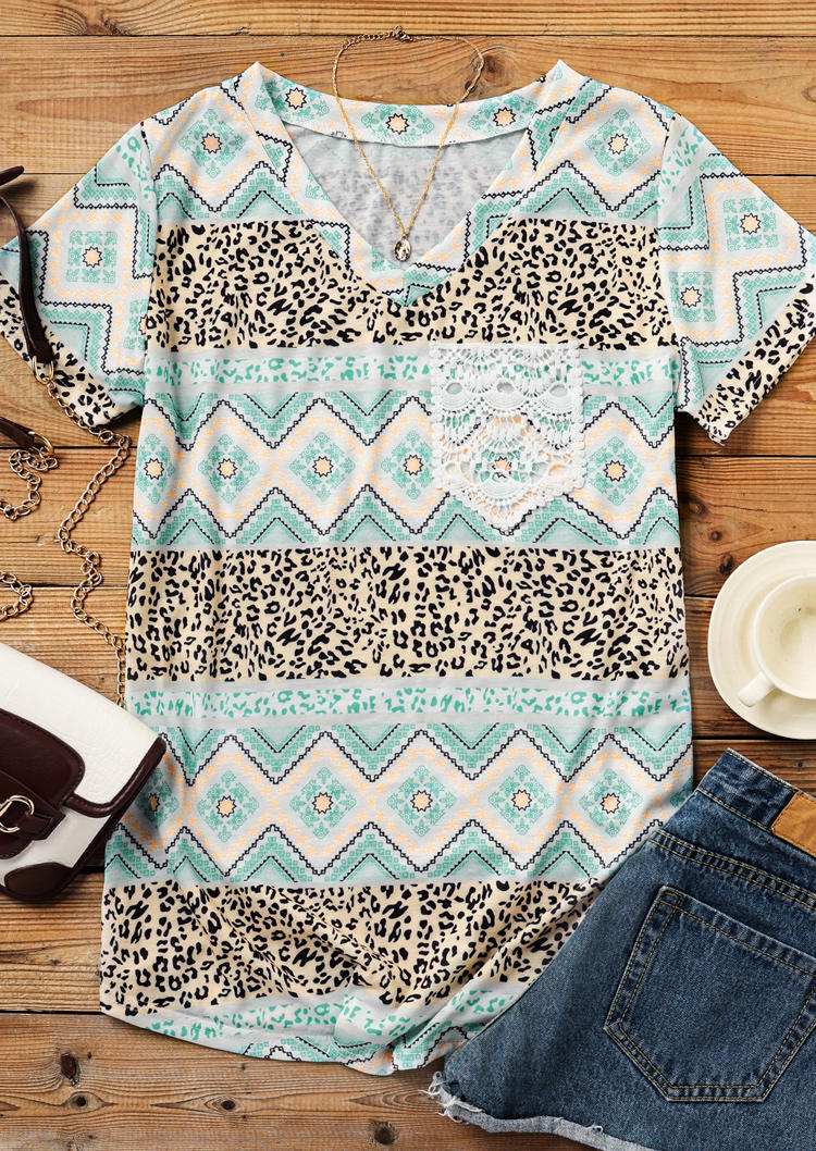 

Blouses Leopard Geometric Aztec Lace Splicing Pocket Blouse in Multicolor. Size