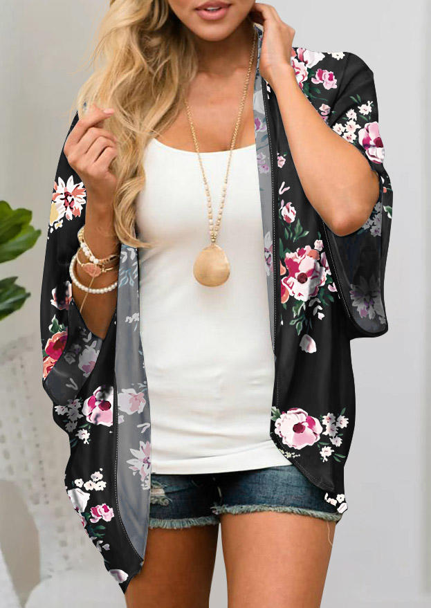 

Cardigans Floral Three Quarter Sleeve Cardigan in Black. Size