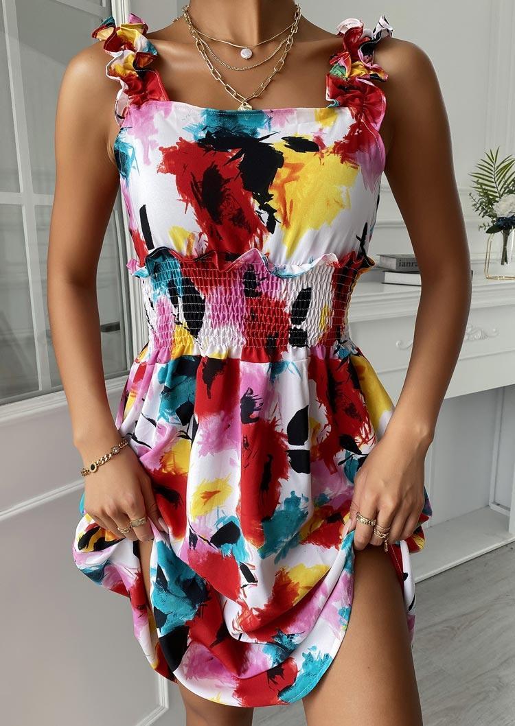 

Mini Dresses Print Smocked Sleeveless Ruffled Mini Dress in Multicolor. Size: ,M,L,XL
