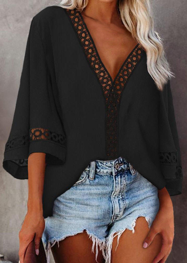 Blouses Hollow Out Lace Splicing V-Neck Blouse in Black. Size: XL