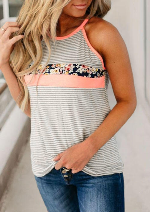 

Tank Tops Floral Striped Halter Camisole in Multicolor. Size: ,L,XL