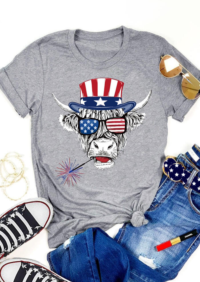 

T-shirts Tees American Flag Star Striped Steer Skull T-Shirt Tee in Gray. Size