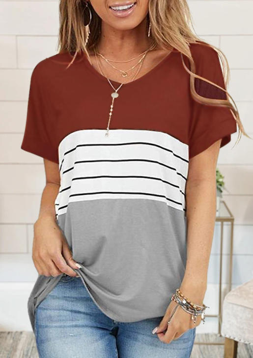 T-shirts Tees Color Block Splicing Striped Blouse in Black. Size: S,L