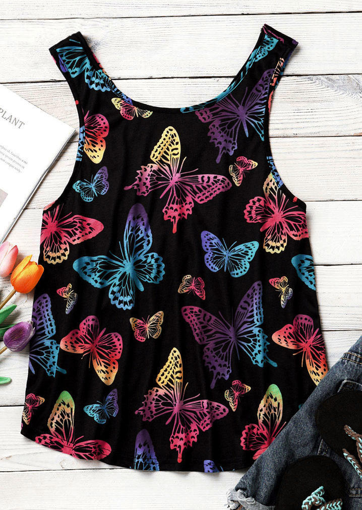 Tank Tops Gradient Colorful Butterfly Tank Top in Black. Size: M,L,XL