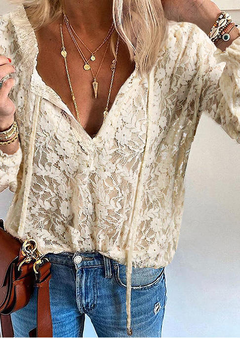 

Blouses Floral Lace Ruffled Raglan Sleeve Blouse in Beige. Size