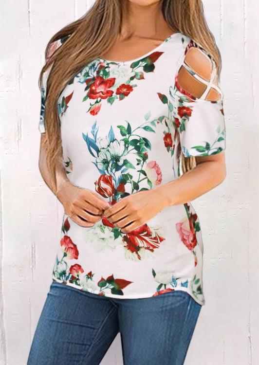 

Blouses Floral Criss-Cross Cold Shoulder Blouse in Multicolor. Size