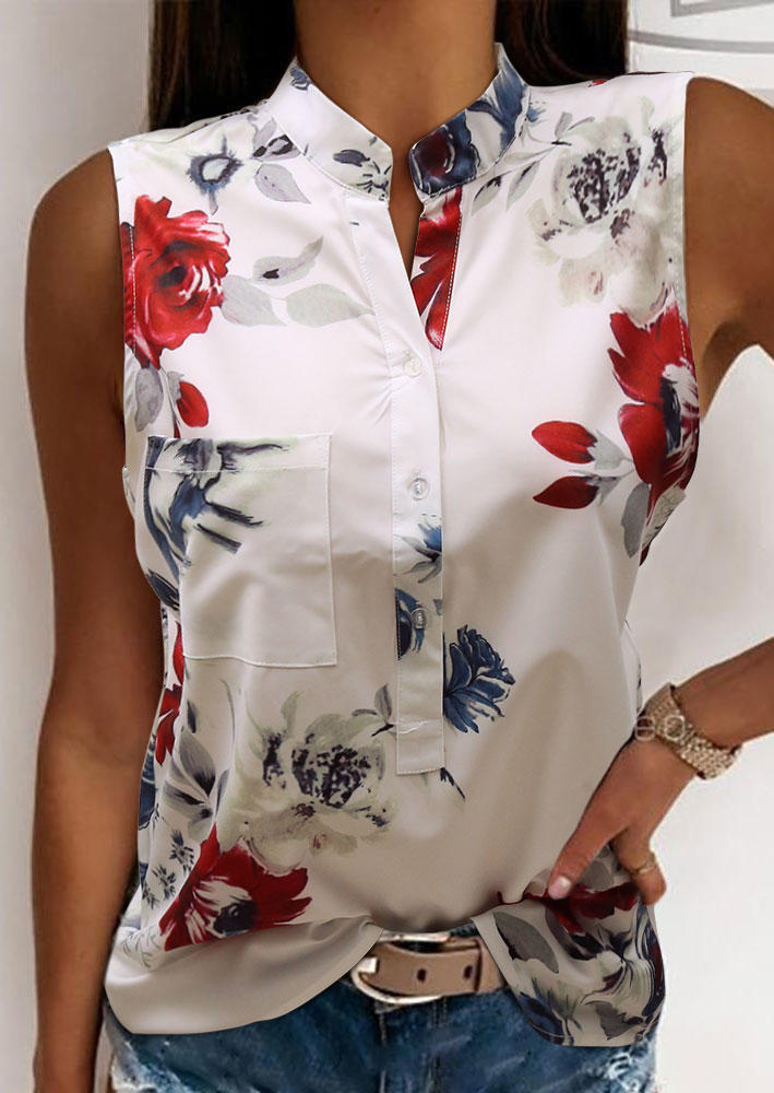 

Tank Tops Floral Button Pocket Sleeveless Tank Top in White. Size