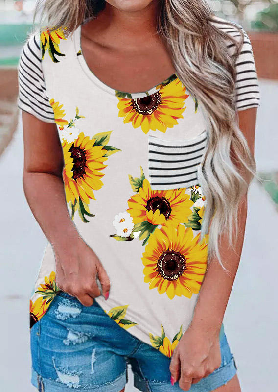 

T-shirts Tees Sunflower Striped Pocket O-Neck T-Shirt Tee in Multicolor. Size