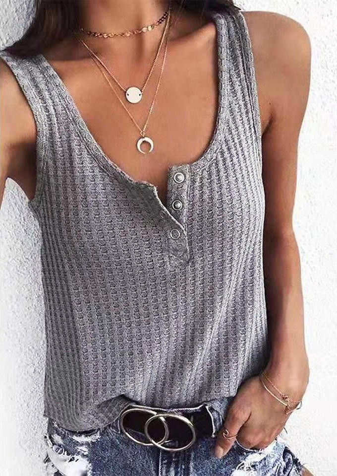 

Tank Tops Waffle Snap Button Casual Tank Top in Gray. Size