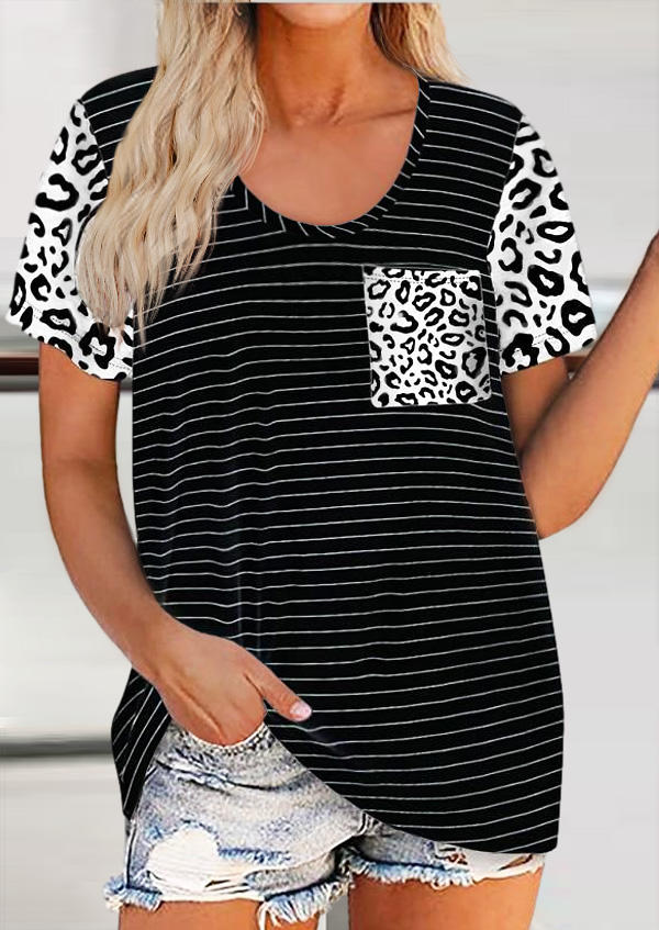 

Blouses Striped Leopard Pocket Casual Blouse in Stripe. Size: ,M,L,XL
