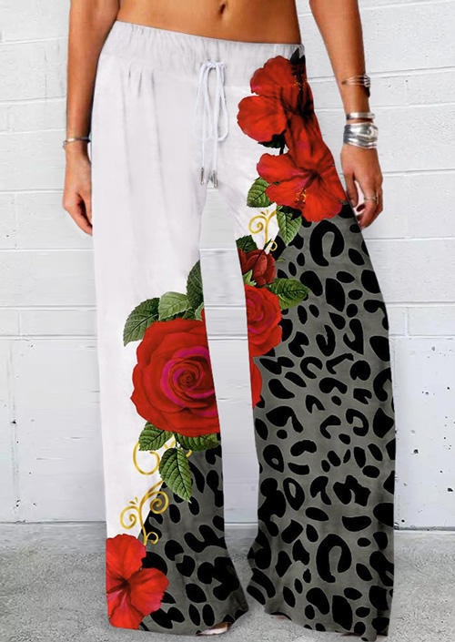 

Pants Leopard Rose Elastic Waist Drawstring Wide Leg Pants in Multicolor. Size: ,M