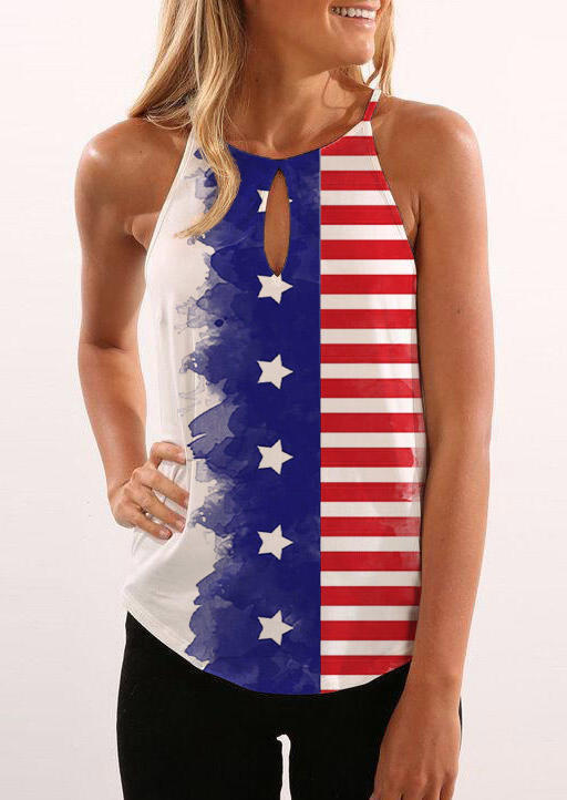 Tank Tops American Flag Star Striped Keyhole Neck Halter Tank Top in Multicolor. Size: S,M,L,XL
