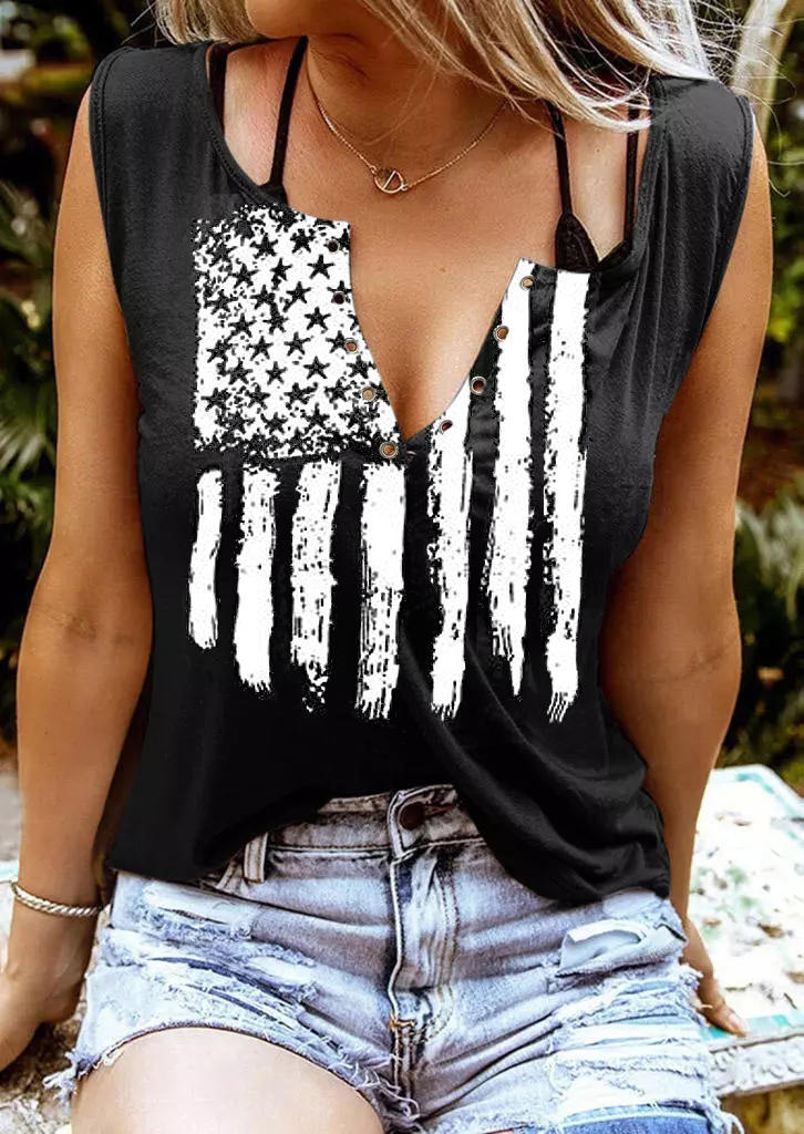 

Tank Tops American Flag Star Striped V-Neck Tank Top in Black. Size